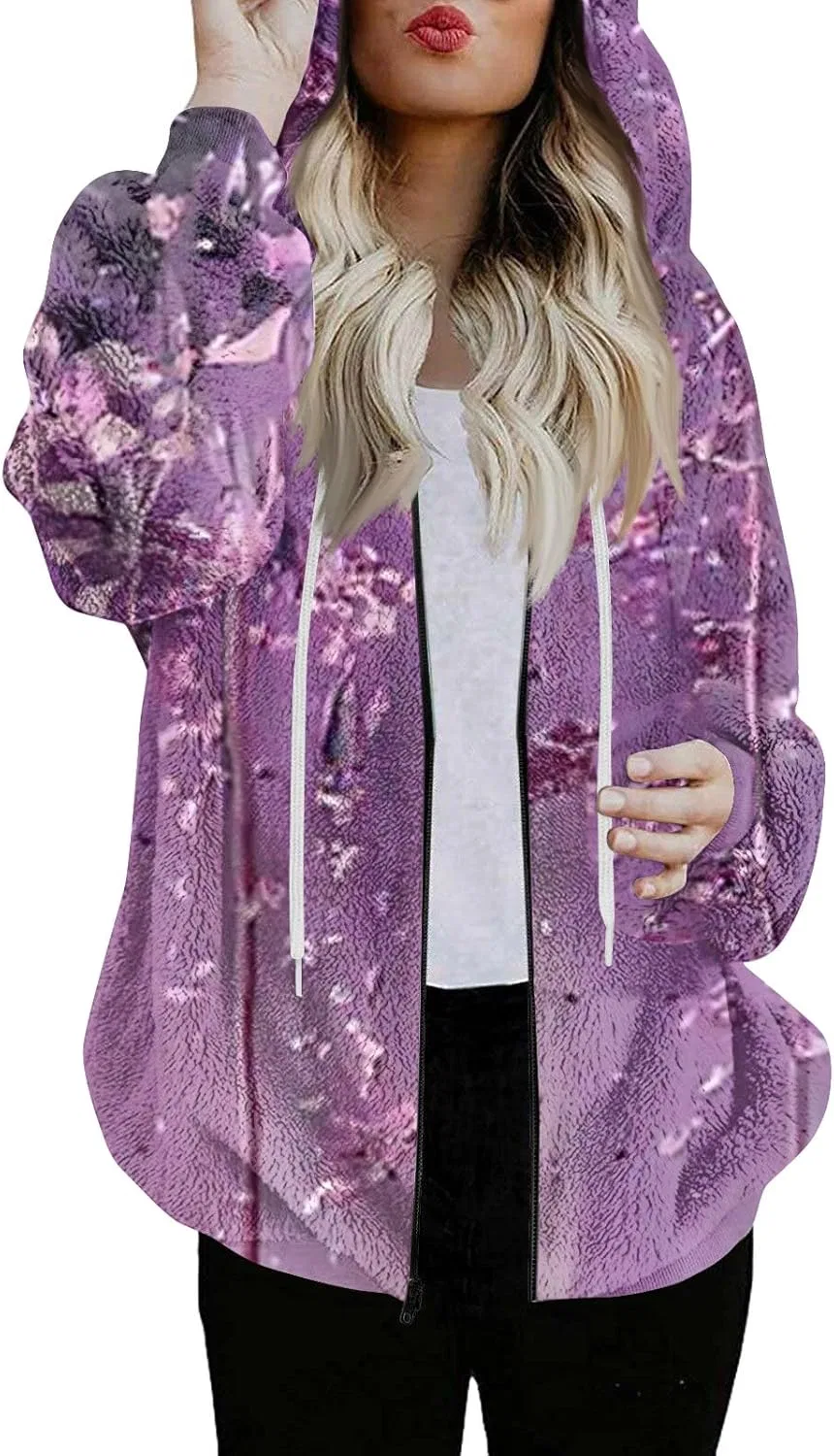 Женская худи на молнии с капюшоном, флисовая, длинный рукав, Purple Pink, универсальный размер