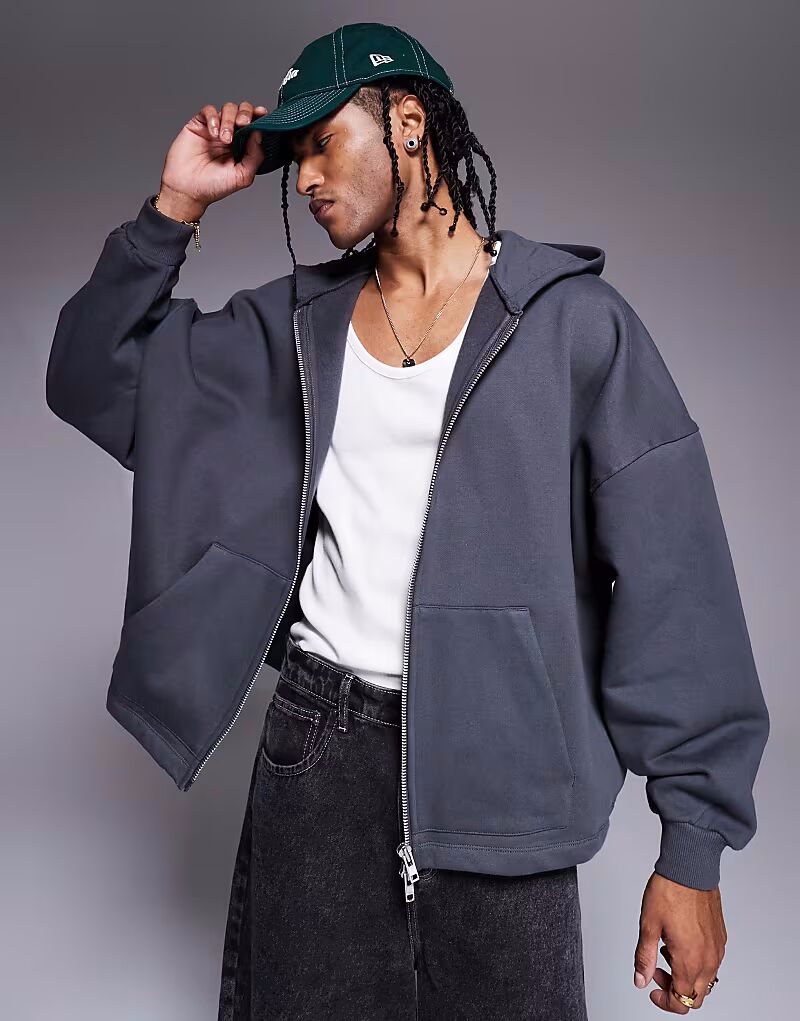 

Толстовка с капюшоном ASOS DESIGN из плотной ткани с застежкой-молнией и экстремальным размером, цвет черный с эффектом потертости