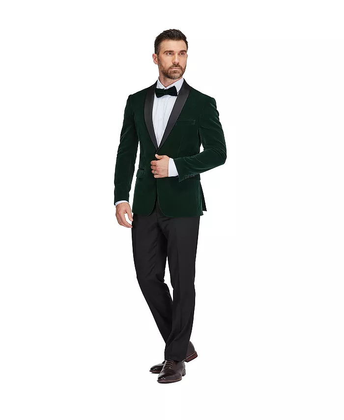 

Мужской смокинг в облегающем крое с бархатными лацканами-шалью комплектом Gino Vitale, зеленый