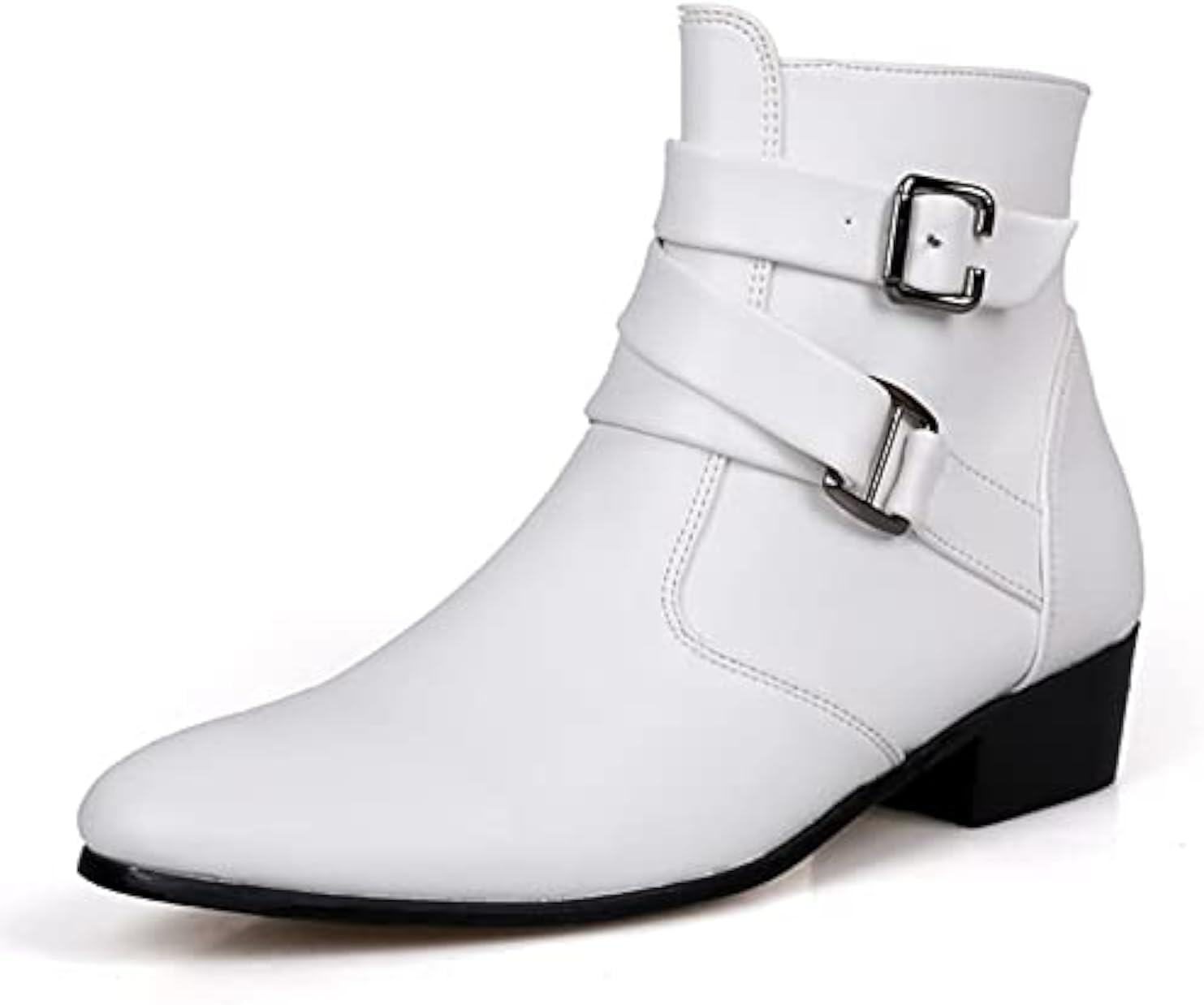 

Мужские кожаные челси с заостренным носком PURCHAWEE, застежки-пряжки, боковая молния, массивный низкий каблук, западные формальные ботинки, ботильоны, белый