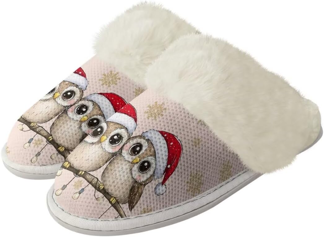 

Женские и мужские рождественские тапочки с нескользящей подошвой, пушистые домашние туфли с резиновой подошвой для дома Xixirimido, Owl
