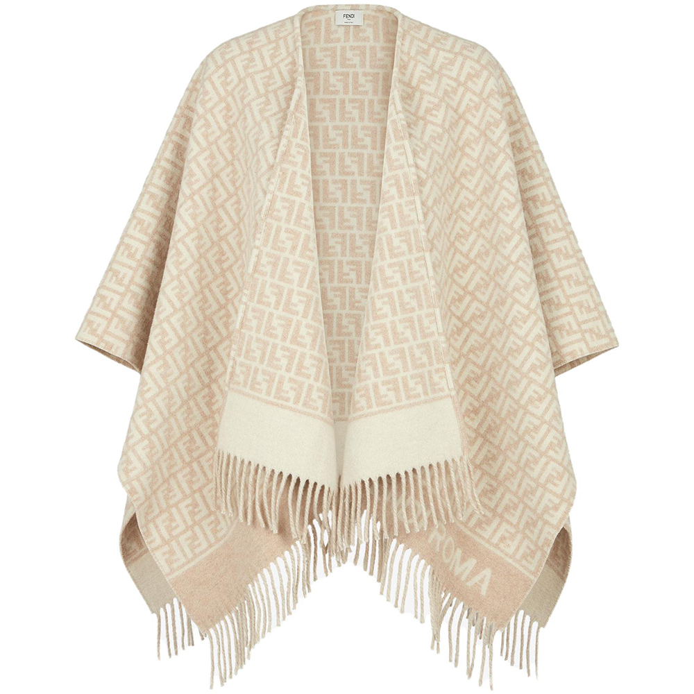 

Французский жаккардовый пончо с бахромой Jacquard FENDI, бежевый