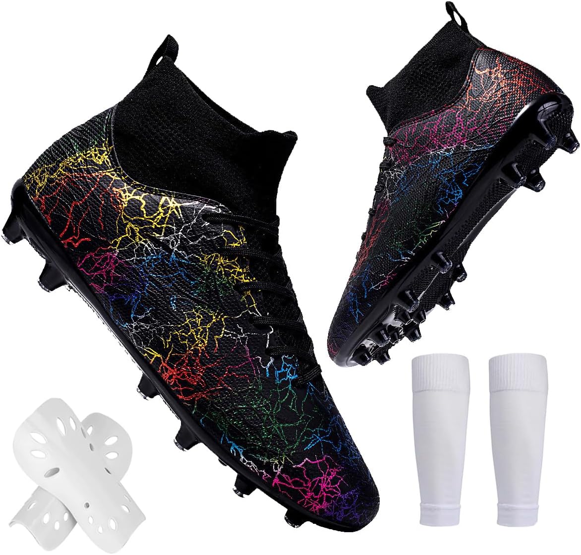 

Футбольные бутсы Spedify унисекс высокие для детей, подростков и взрослых, кроссовки с прочным кожаным верхом для искусственного газона, для тренировок, семейные футбольные бутсы с носками и щитками, черный