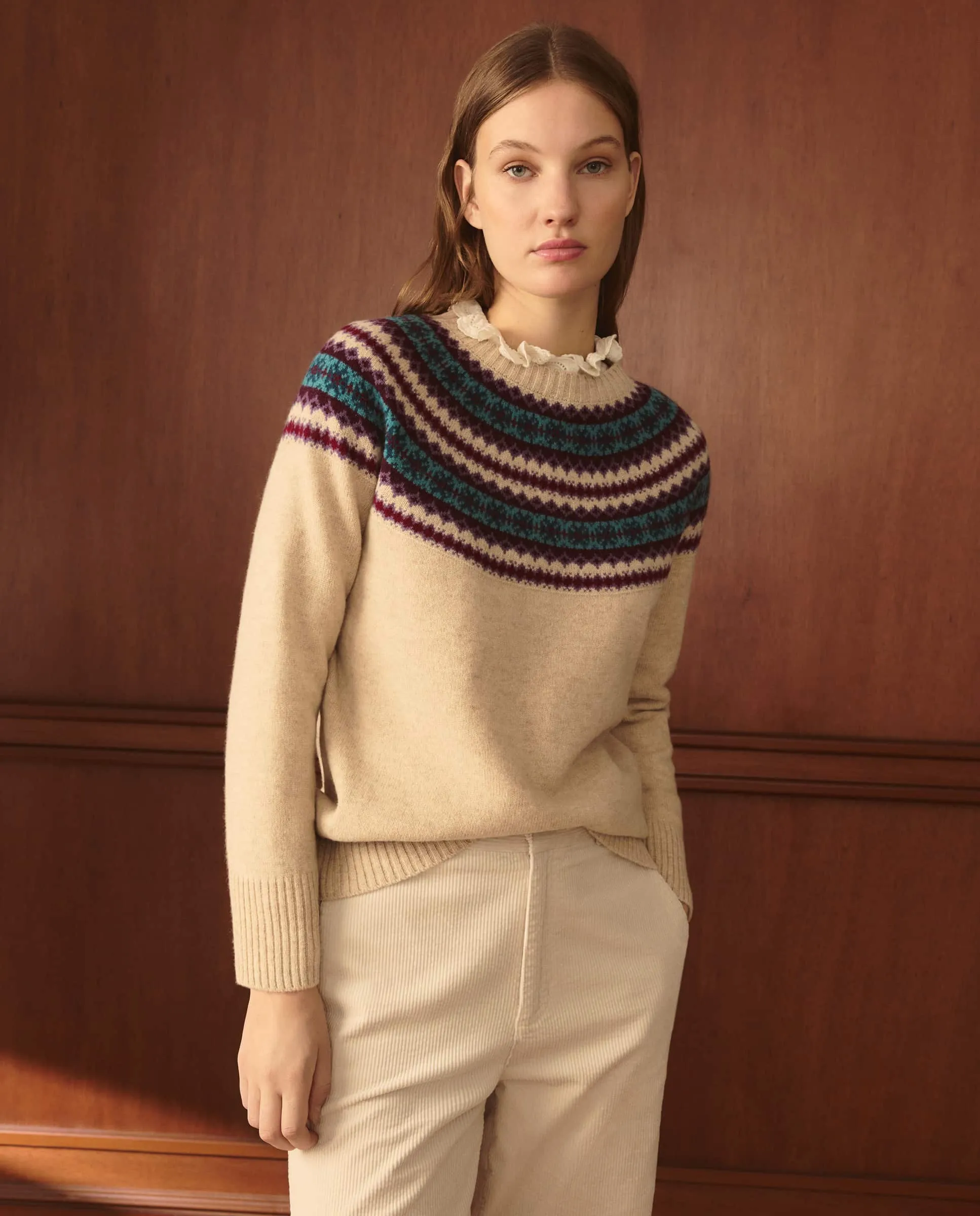 

Женский джемпер с круглым вырезом, жаккардовая вставка с узором Lloyd's, экрю