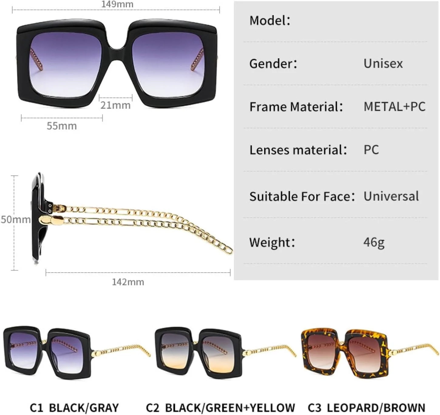 

Крупные роскошные солнцезащитные очки с цепочками на дужках, модные, для мужчин и женщин, с защитой от УФ-излучения UV400, винтажные TVTBBVV, C3leopard-brown