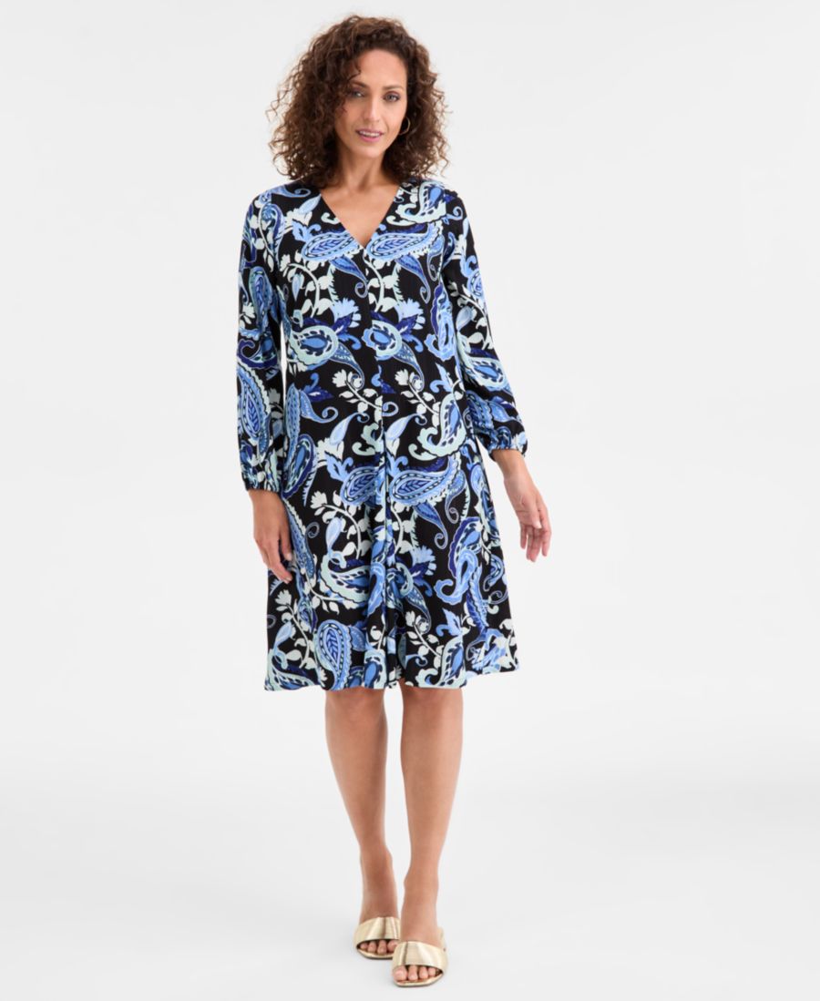 

Женское платье с V-образным вырезом и длинными рукавами, украшенное узором пейсли JM Collection, Deep Black Combo