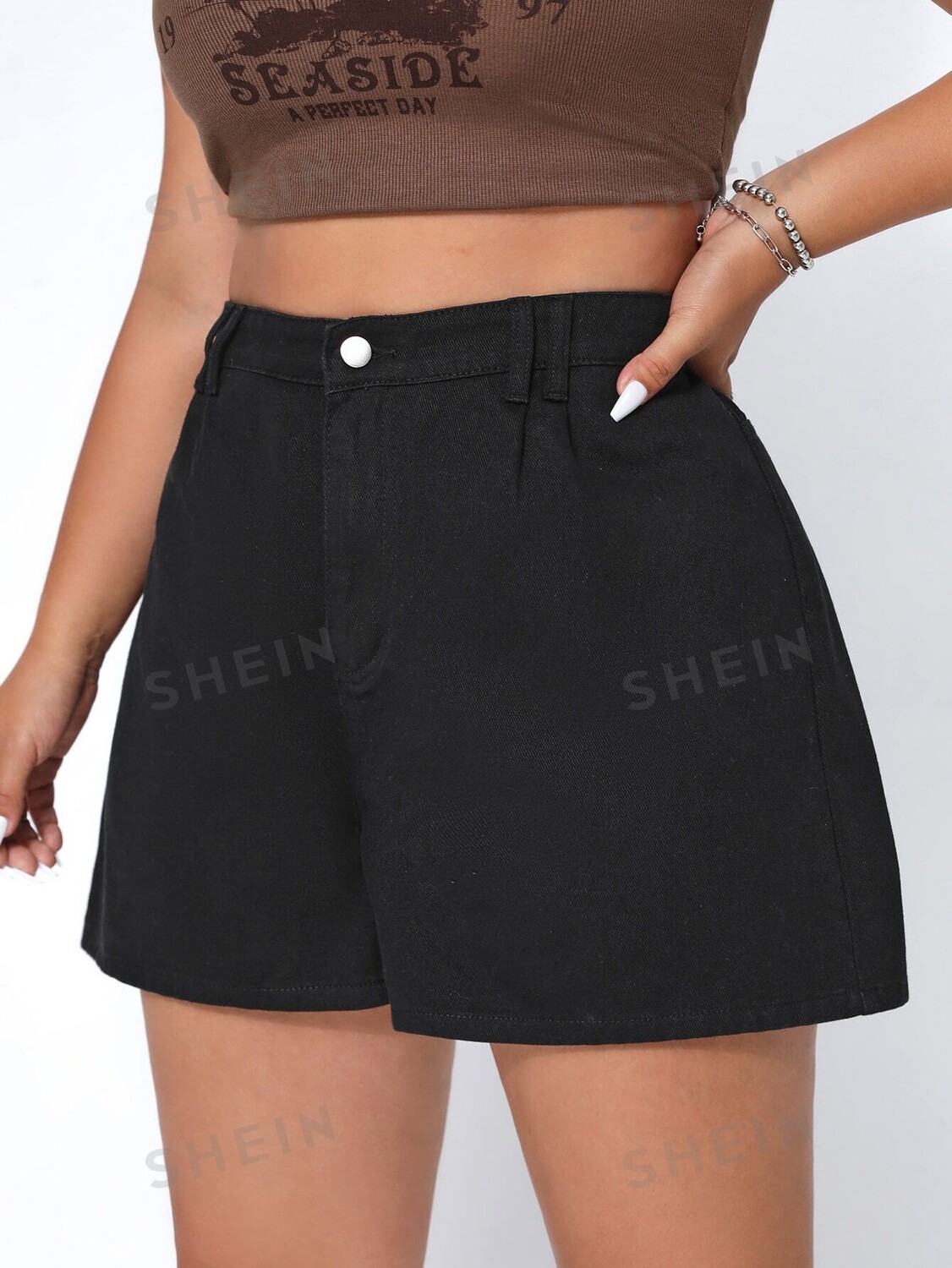 

EZwear Plus Джинсовые шорты с высокой талией Shein, черный