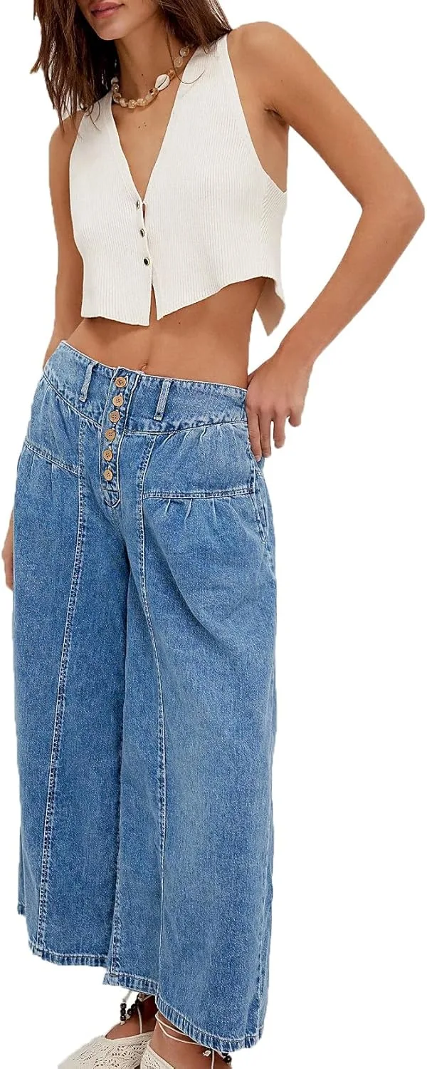 

Женские джинсы Wide Leg High Waisted с плиссированными рюшами и карманами SAQAN