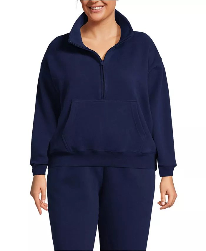 

Толстовка больших размеров Serious Sweats с длинным рукавом и молнией до середины груди, свободная, с верхним слоем Lands' End, синий
