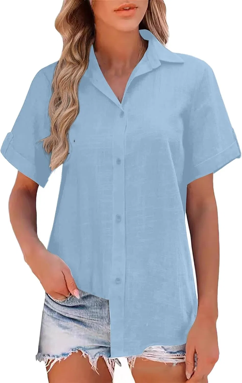Блуза с коротким рукавом, хлопковая, Women's Cotton Short Sleeved Button Down Shirt, синий