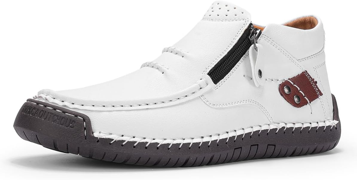 

Мужские ручной работы премиальные кожаные ботинки без шнуровки для вождения, мужские ортопедические туфли с боковой молнией для вождения и походов Generic, белый