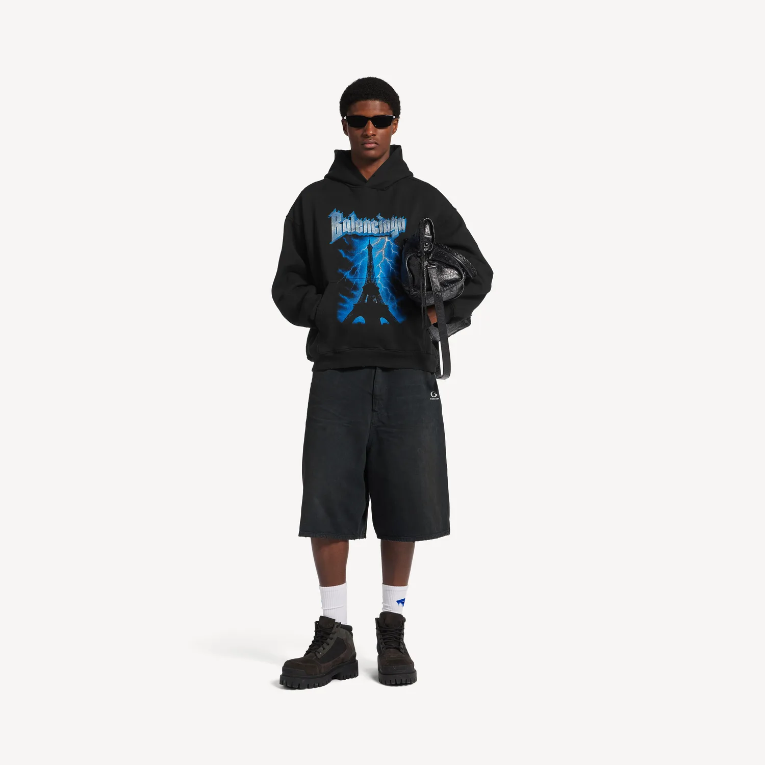 BALENCIAGA Мужское худи Paris Thunderstorm свободного кроя черного цвета — фото 2