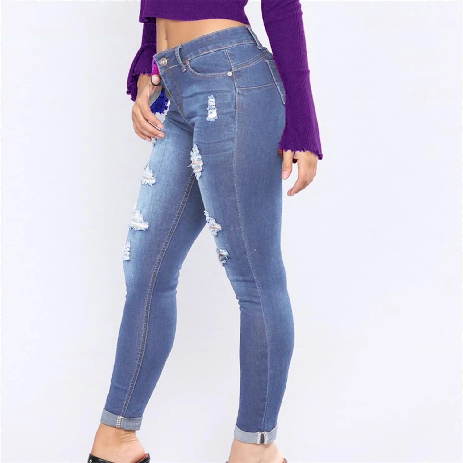 Andongnywell Skinny Distressed джинсы для женщин, High Waisted, Ripped, Stretchy — фото 4