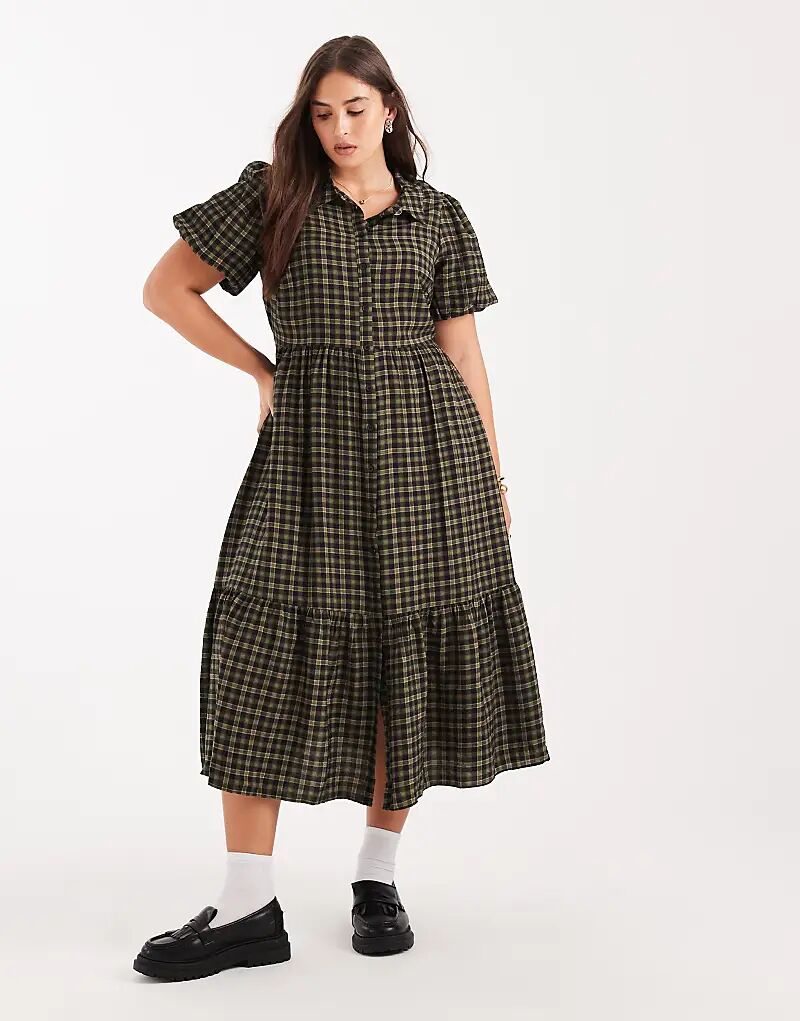 

Платье-рубашка миди New Look Curve в клетку зеленого цвета