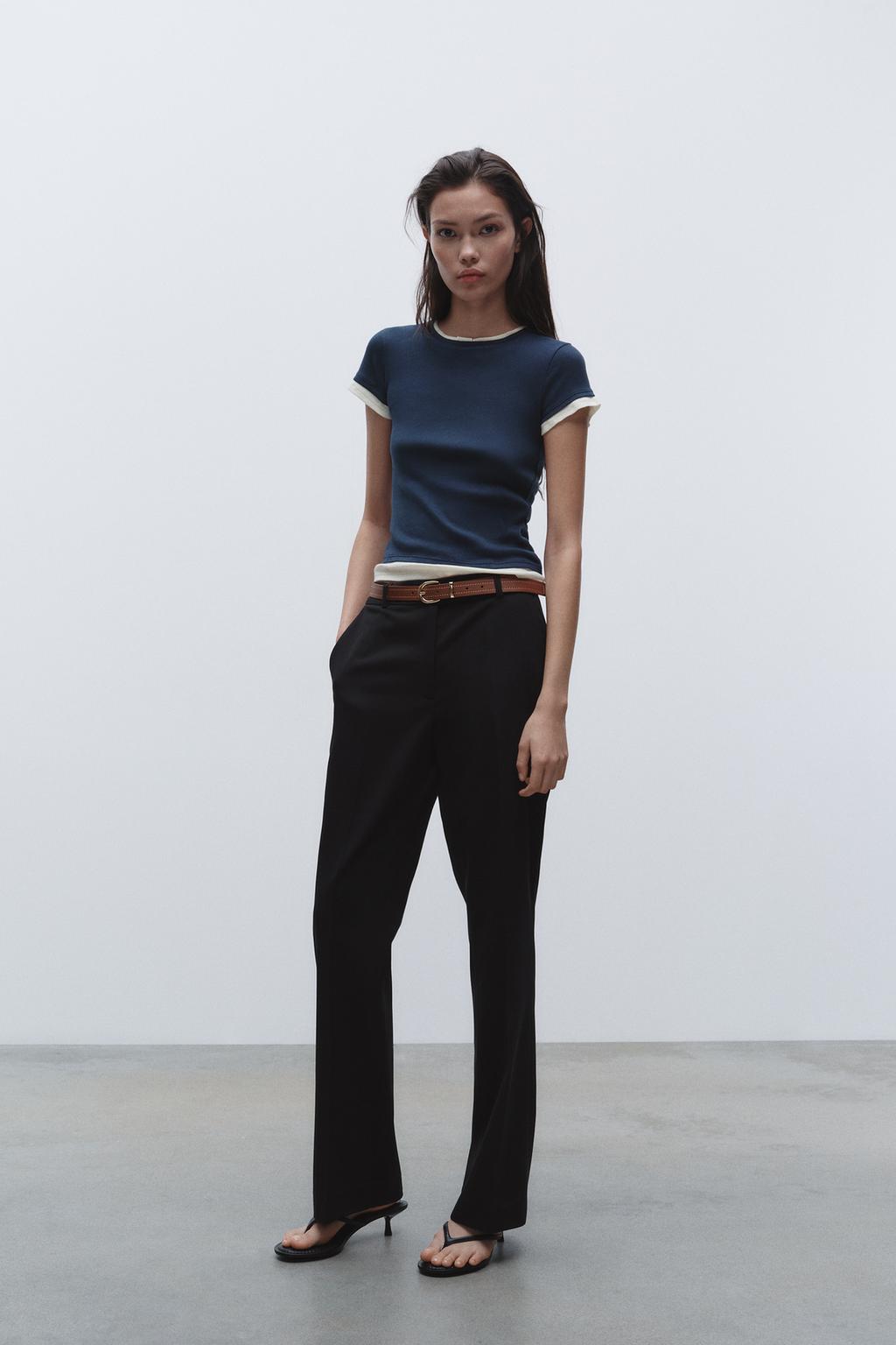 

Брюки прямого кроя с поясом ZARA, черный