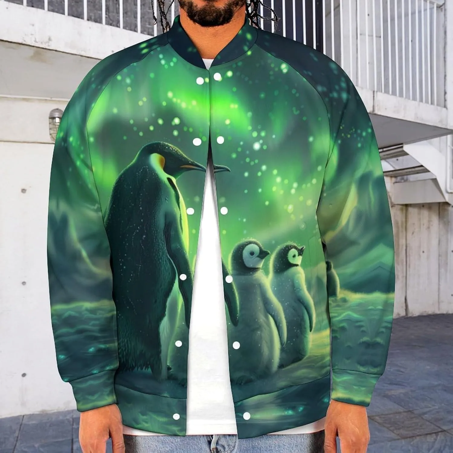 Generic Куртка-бомбер Green Aurora Borealis Penguin мужская легкая бейсбольная куртка-варенка — фото 2