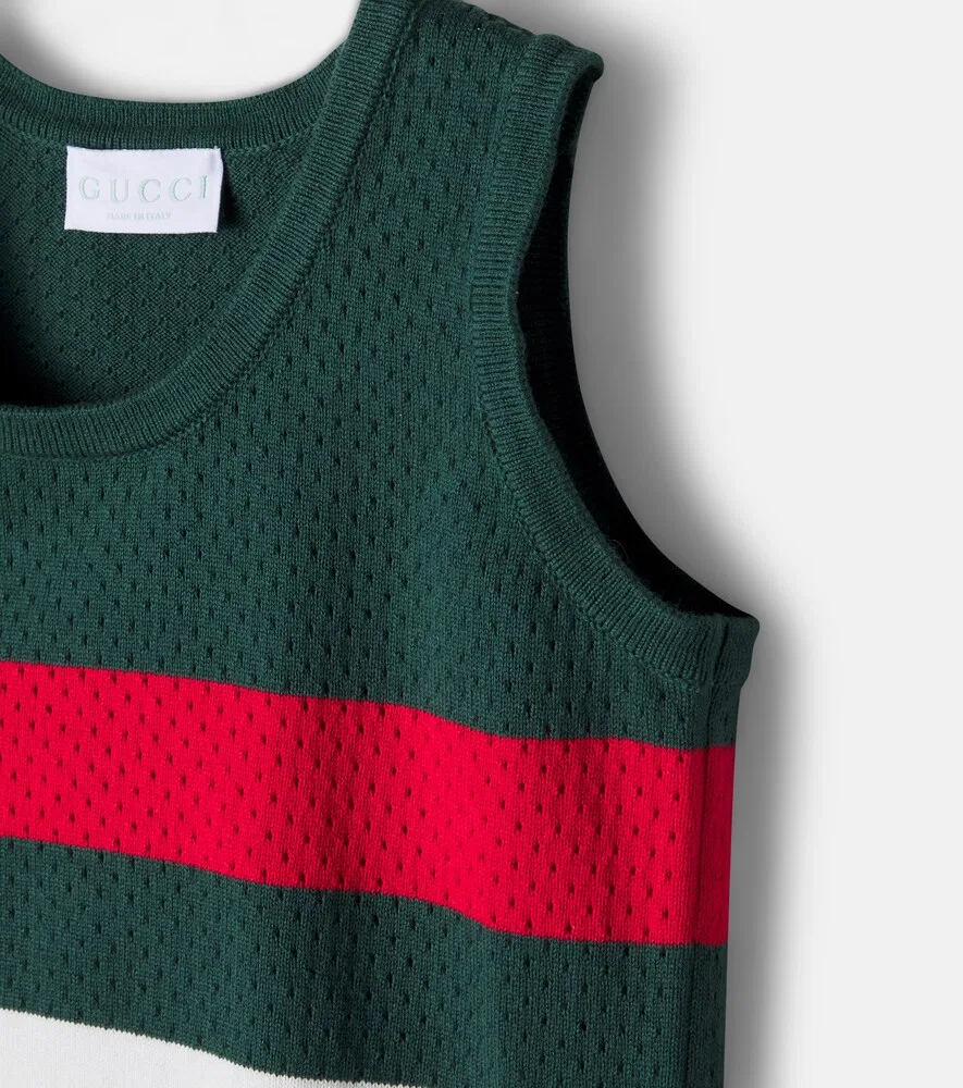 Хлопковое платье с ажурной отделкой в виде полосок Web Stripe Gucci Kids, зеленый — фото 4