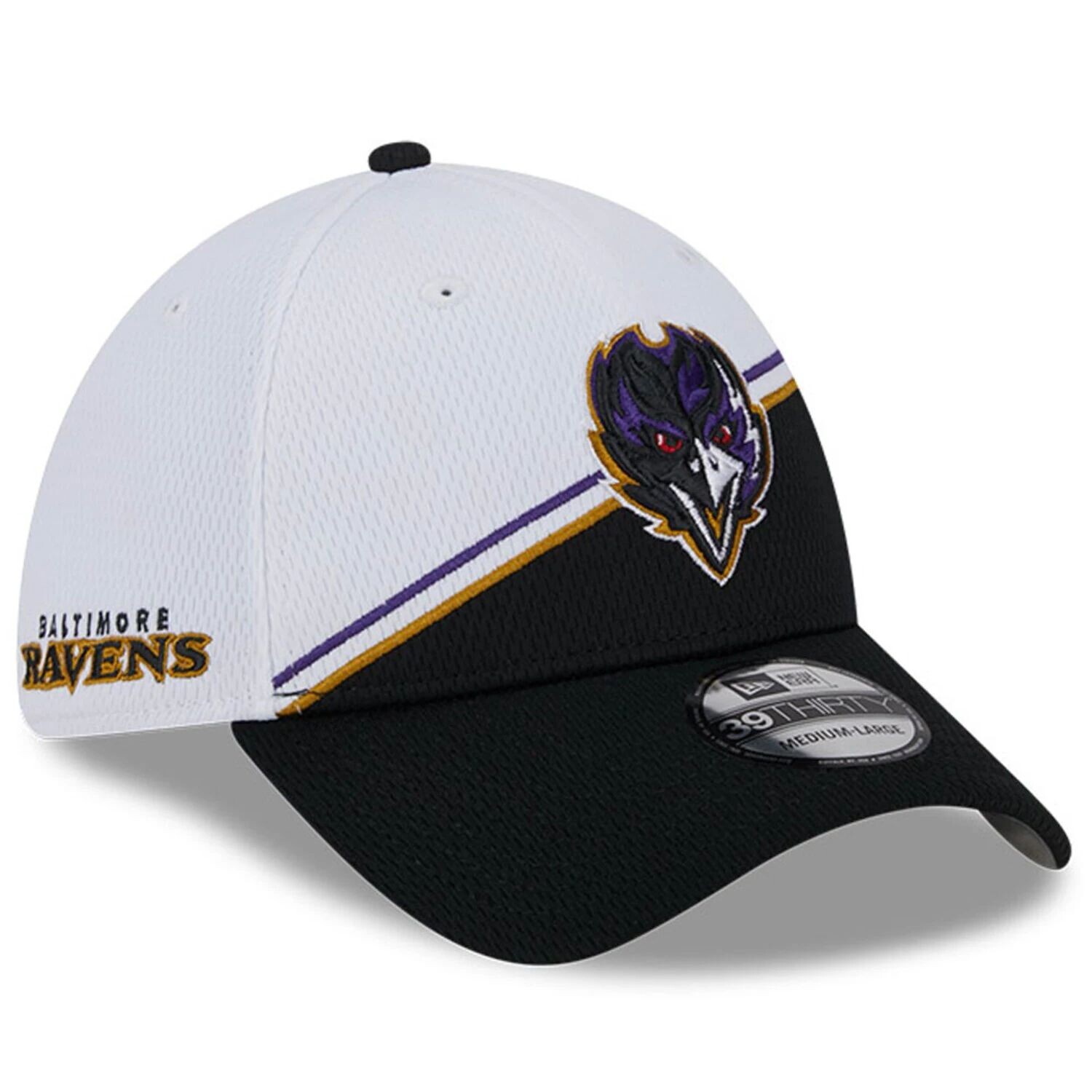 

Мужская кепка New Era бело-черная Baltimore Ravens 2023 Sideline 39THIRTY Flex Hat