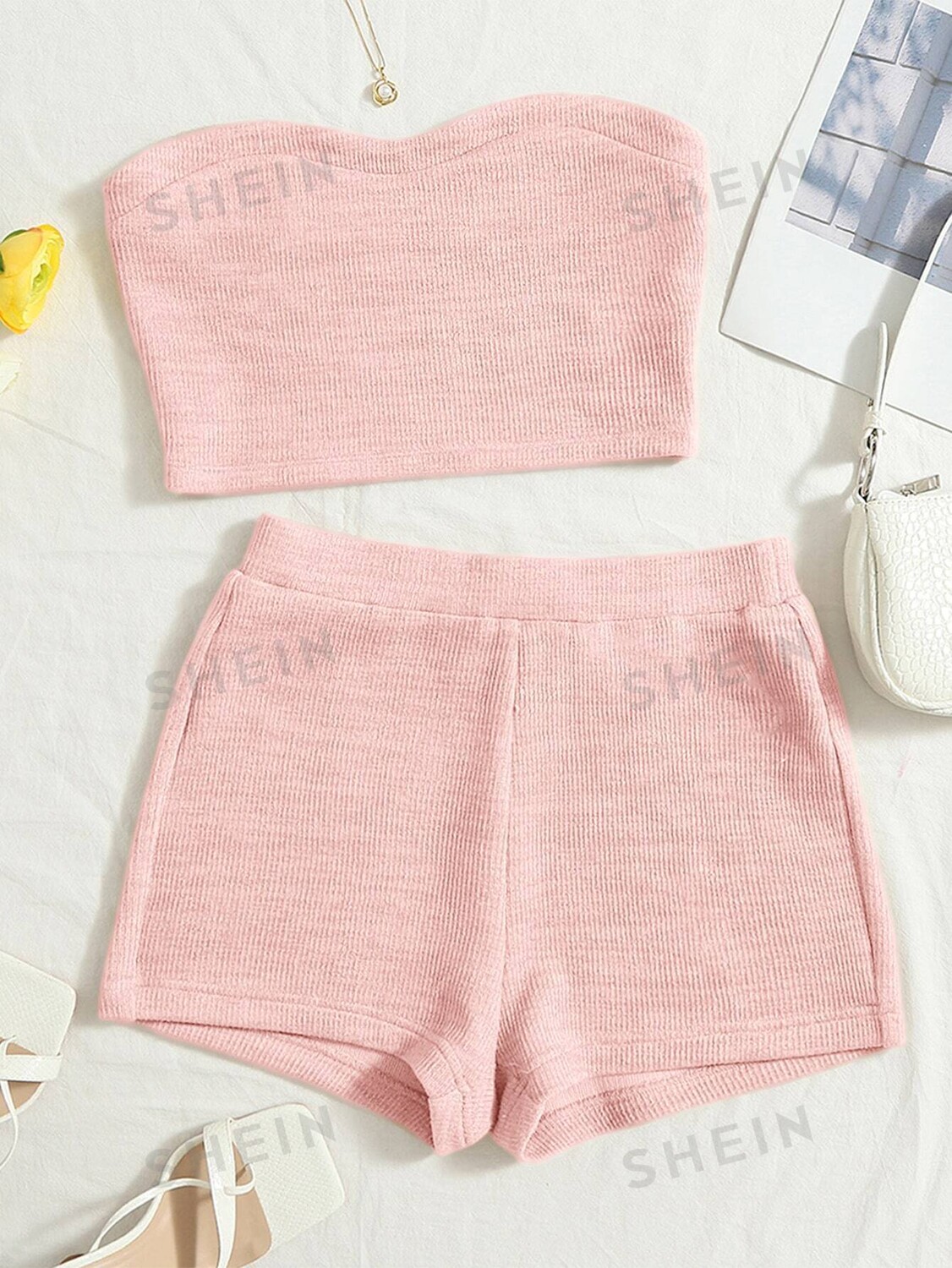 

Топ вязаный женский и шорты Shein WYWH в байкерском стиле, розовый