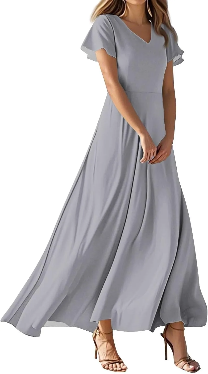 Летнее платье для женщин 2026 элегантное расклешенное струящееся с рюшами V-образный вырез бохо солнечные платья трендовое повседневное для отпуска длинное сарафан Generic, серый