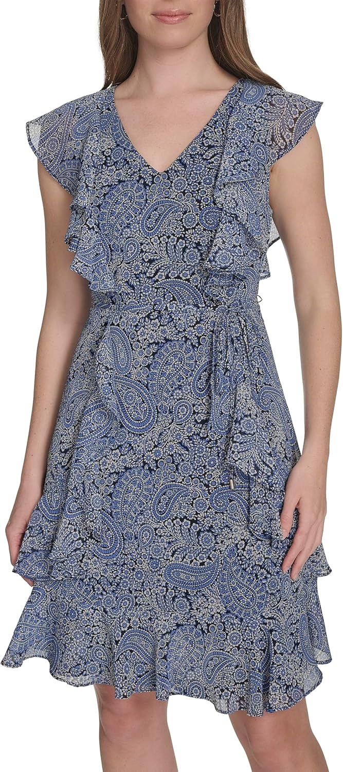 

Женское шифоновое мини-платье Tommy Hilfiger с оборками и завязкой на талии, French Blue Multi