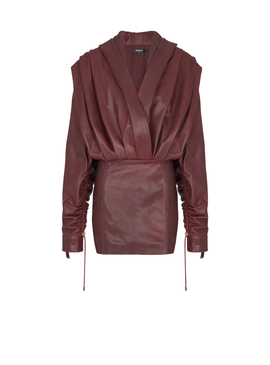 

Короткое худи-платье из вымытой кожи ягненка Balmain, коричневый