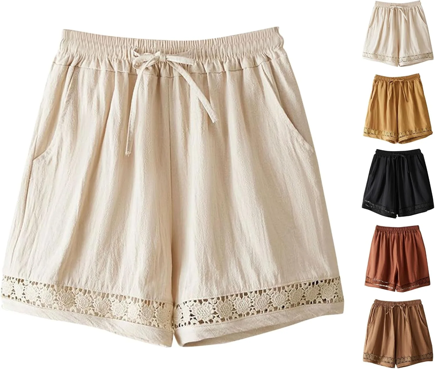 

OSTANT шорты для женщин из хлопка и льна с эластичным поясом на шнурке и кружевной отделкой OTSANT