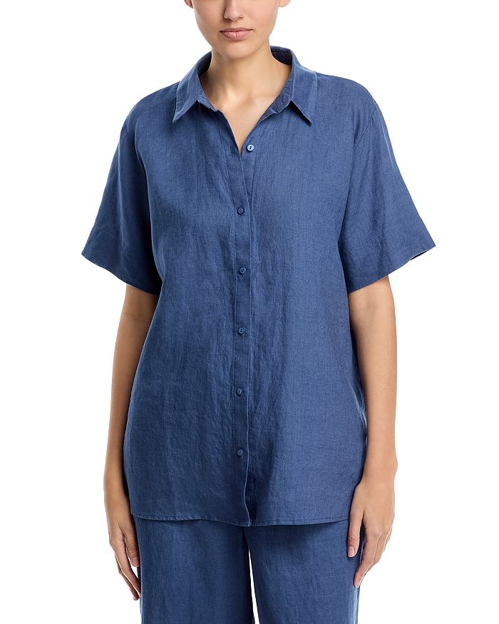 

Длинная льняная рубашка с коротким рукавом Eileen Fisher, синий