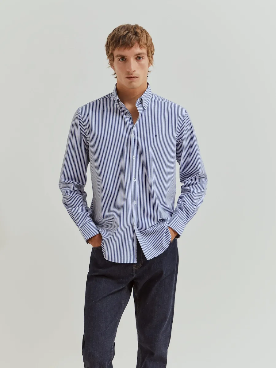 

Мужская рубашка в полоску из хлопка, обычного кроя, синего цвета Lion of Porches