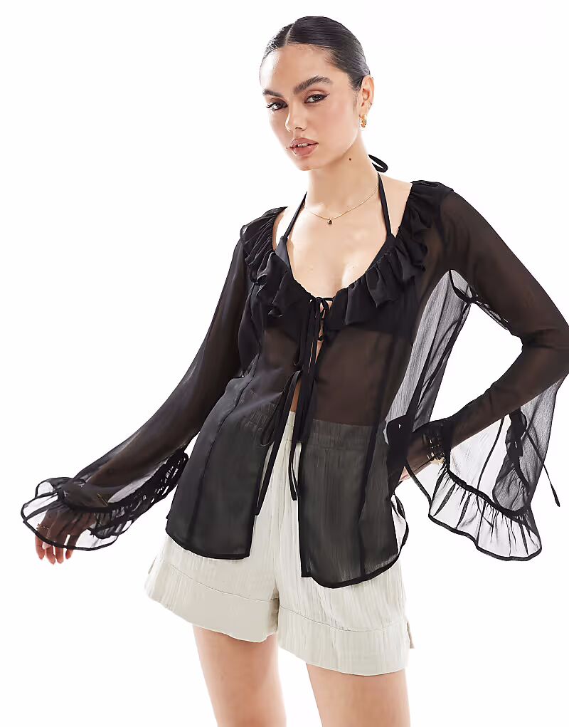 

Пляжная шифоновая накидка Miss Selfridge черного цвета с завязками спереди