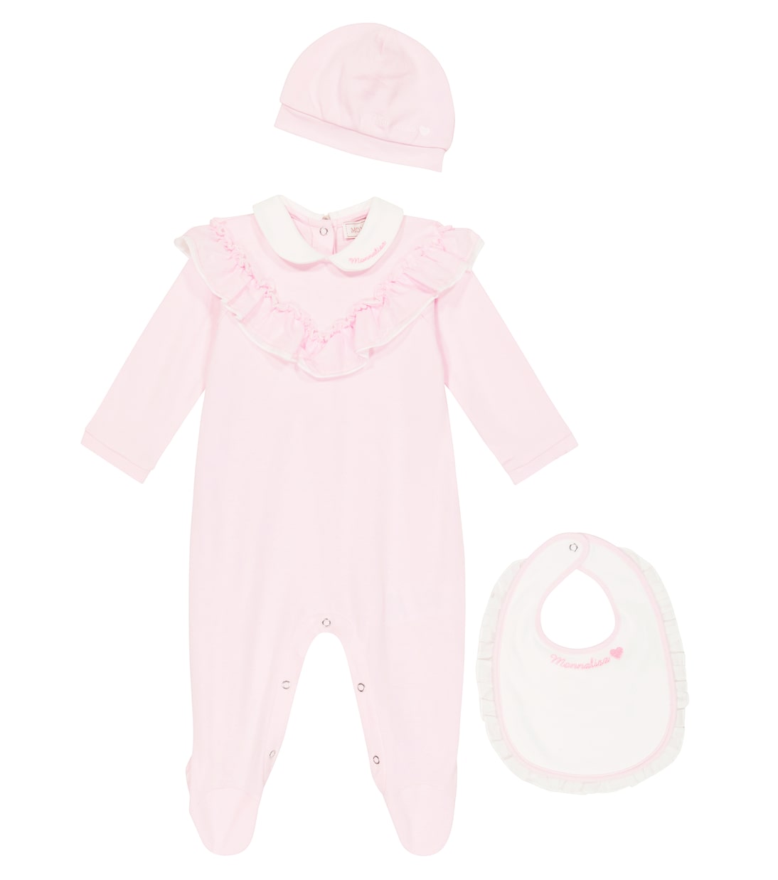 

Детский хлопковый комбинезон, шапочка и нагрудник Monnalisa, Panna+Rosa