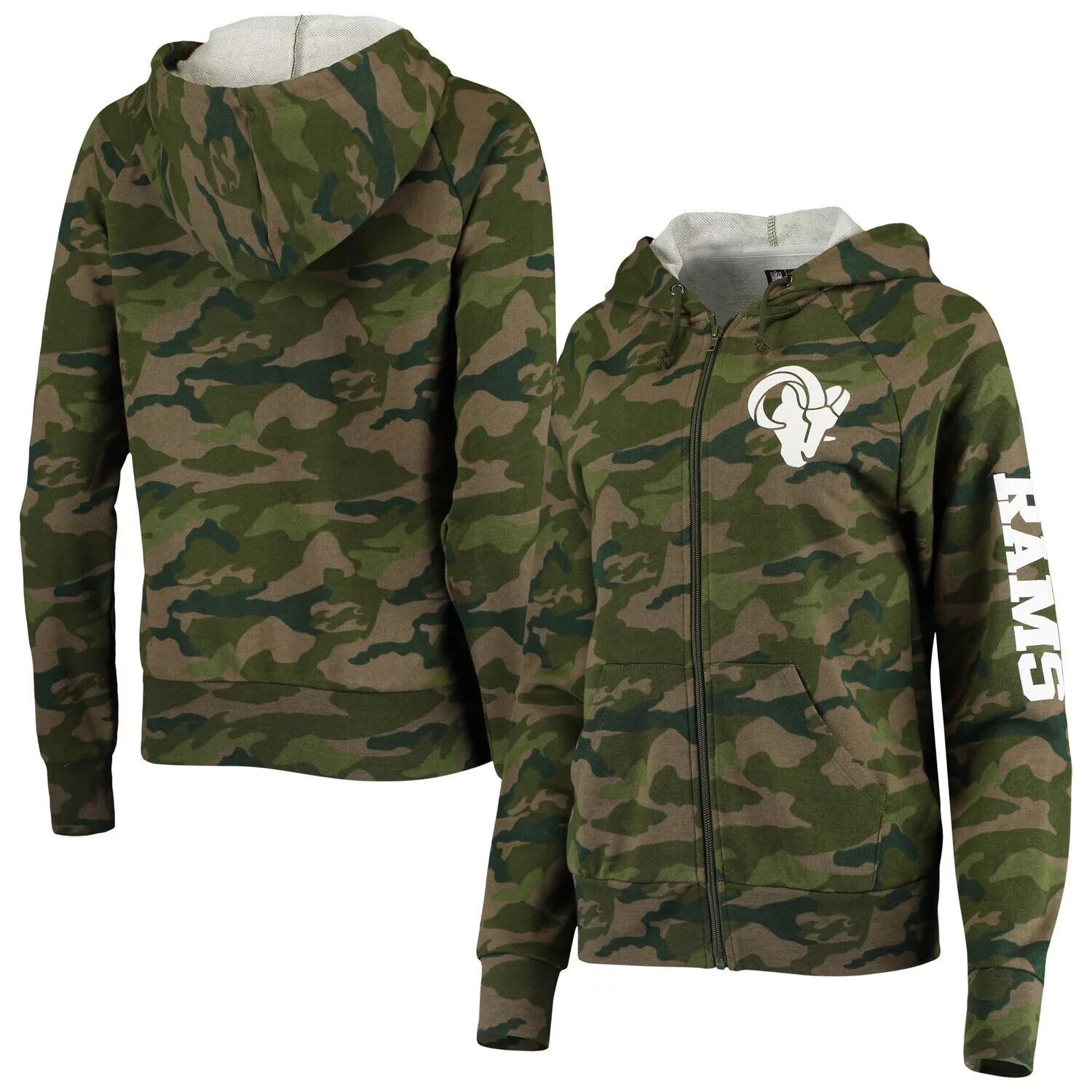 

Женская толстовка с молнией во всю длину New Era Camo Los Angeles Rams Raglan New Era