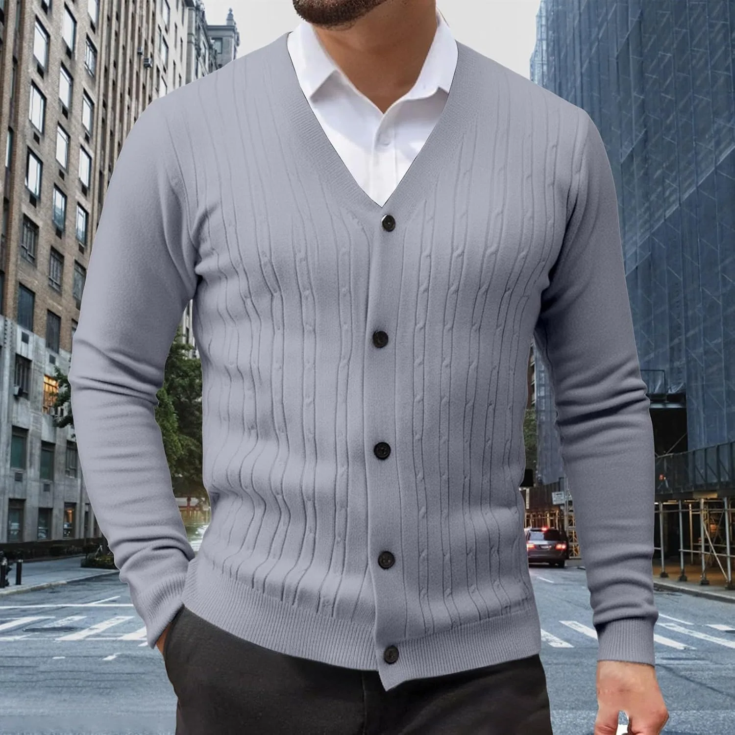 Кардиган мужской V-образный вырез на пуговицах, длинный рукав, slim fit — фото 4