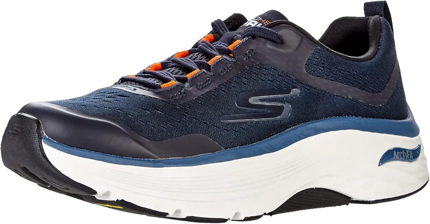 

Мужские кроссовки Skechers Max Cushioning Arch Fit - для тренировок, бега и ходьбы с амортизирующей подошвой и дышащей пеной, темно-синий/оранжевый