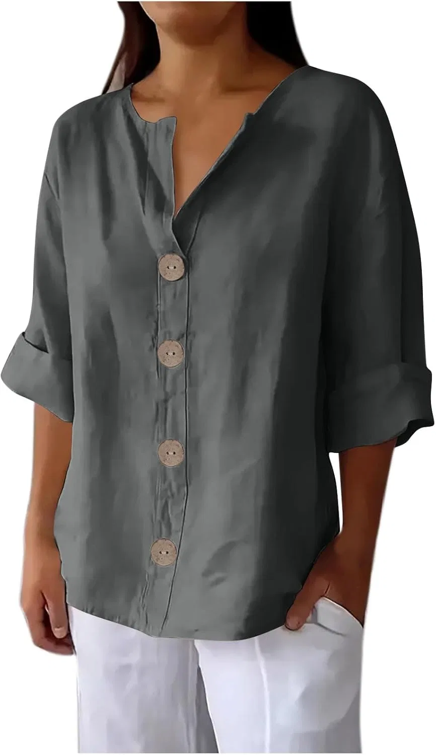 Блуза женская льняная с V-образным вырезом, Button-Down, серый