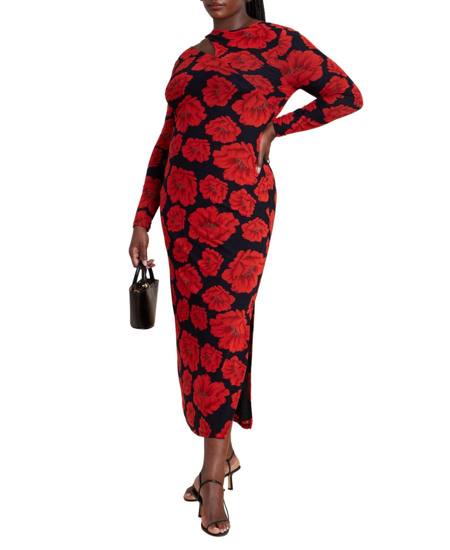 

Женское платье большого размера с сетчатыми вставками на плечах ELOQUII, Red black floral