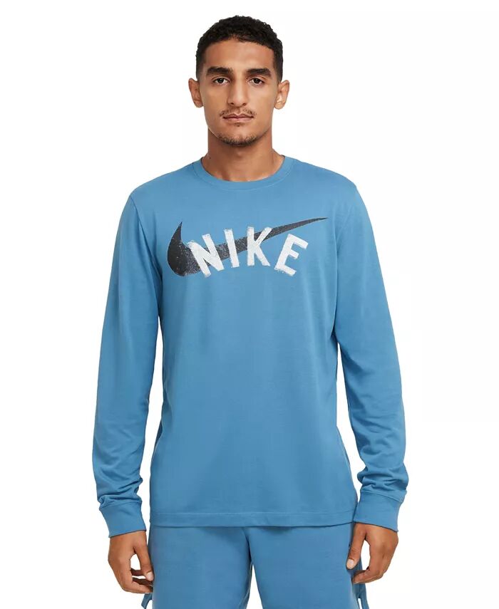 

Мужская футболка Dri-FIT с длинным рукавом и круглым вырезом, с графическим логотипом для фитнеса Nike, синий