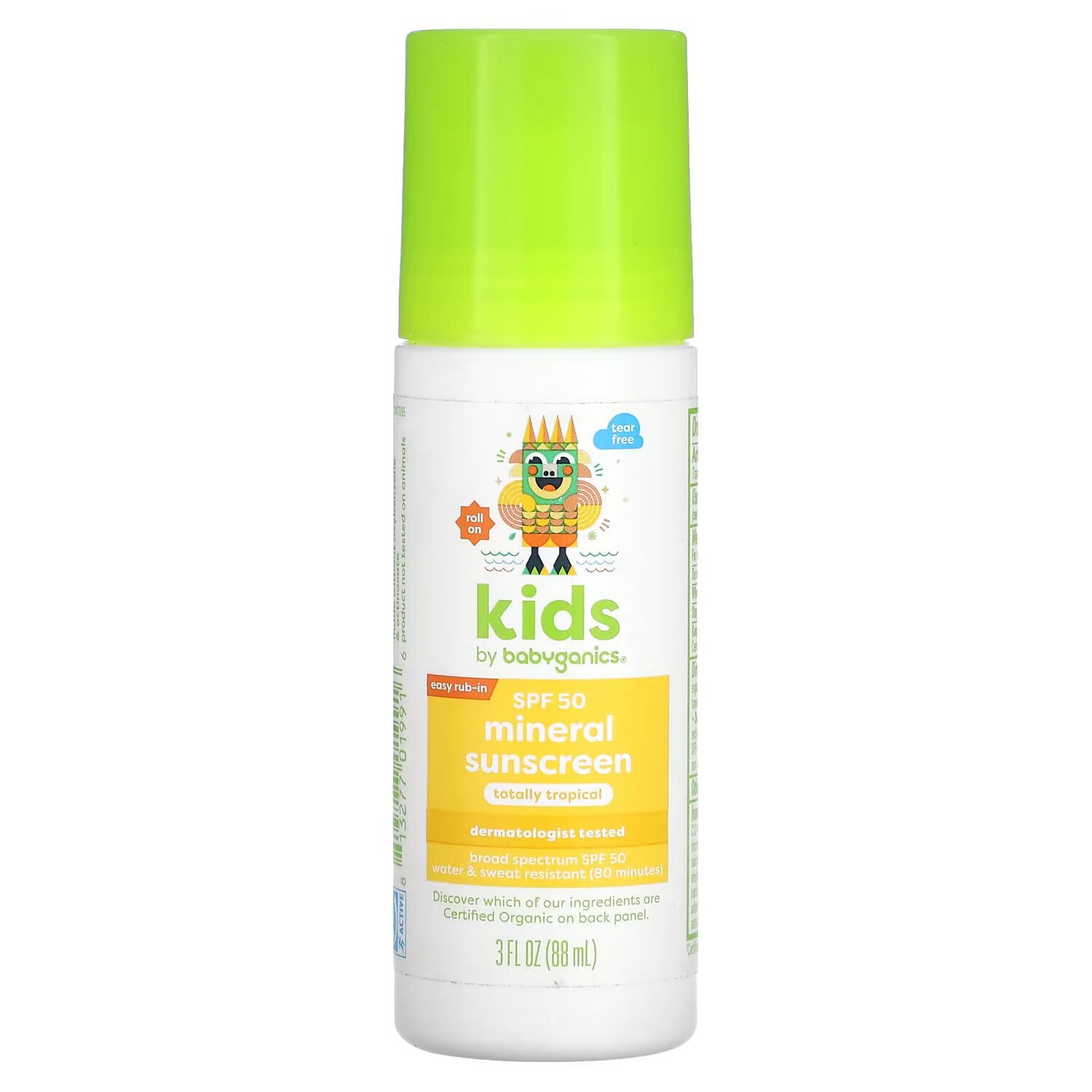 

Kids, Минеральный солнцезащитный крем, SPF 50, полностью тропический, 3 жидких унции (88 мл) Babyganics