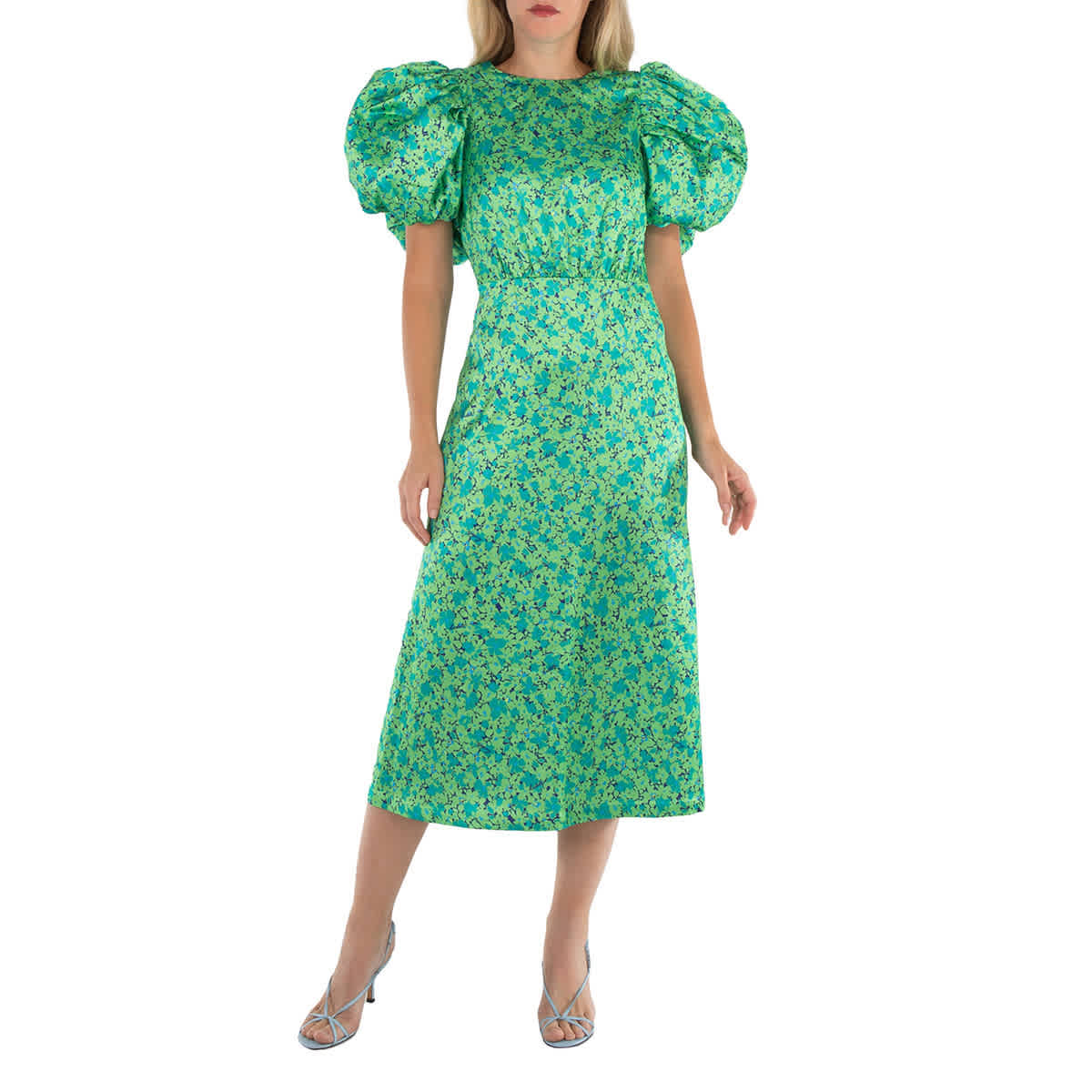 

Поворотное миди-платье с разноцветным цветочным принтом и пышными рукавами Rotate, синий