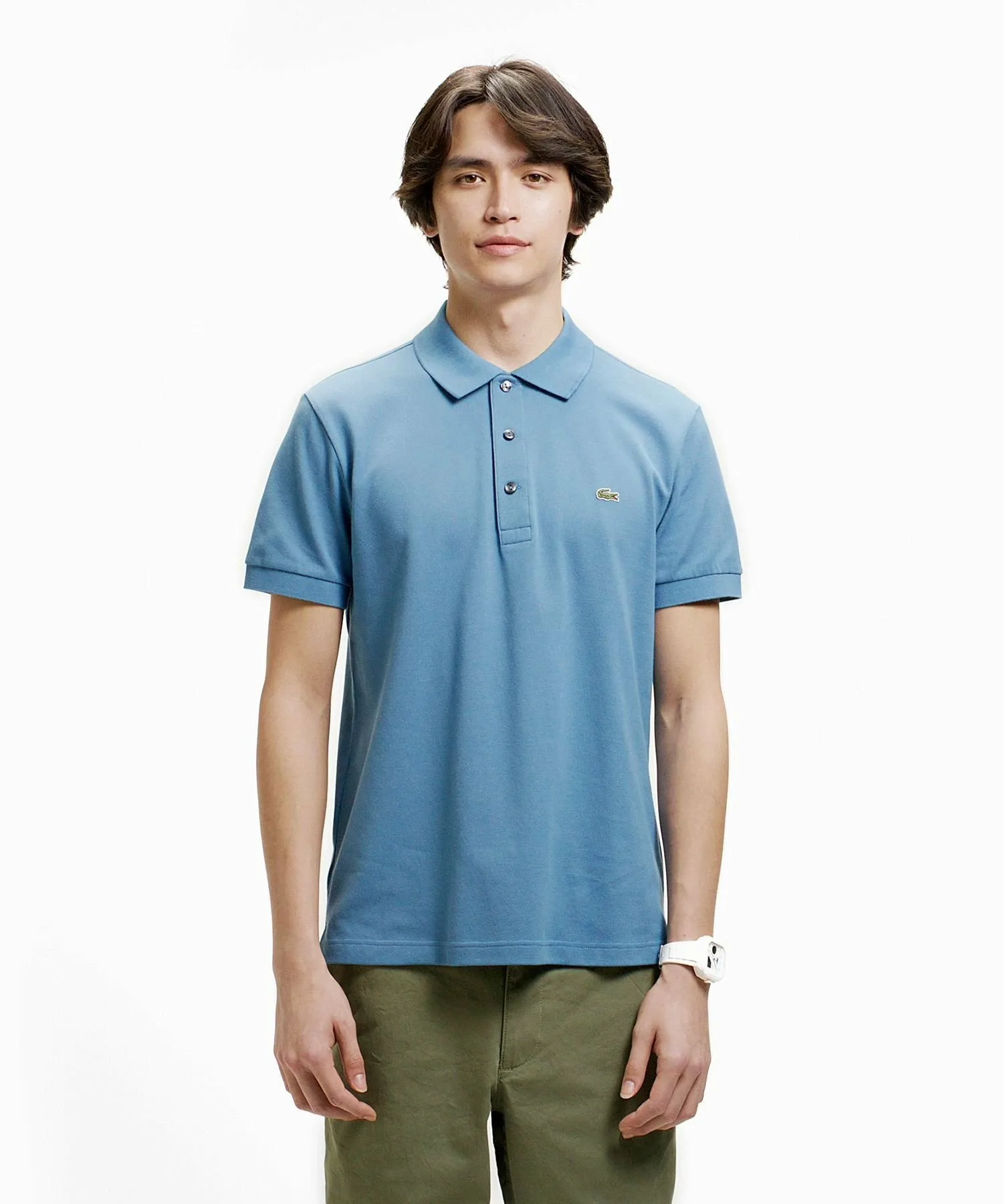 Однотонная облегающая эластичная рубашка-поло (с коротким рукавом) LACOSTE, Other blue 3 — фото 2