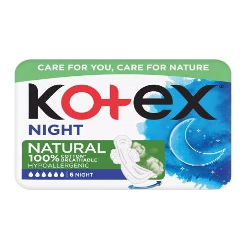 

Ночные, Гигиенические прокладки, 6 шт. Kotex Natural