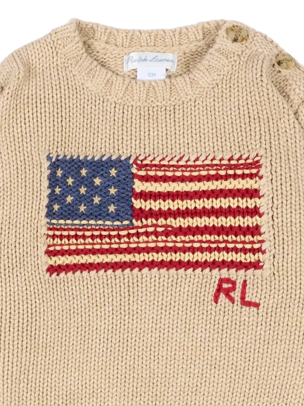 Свитер с интарсией в виде флага и пуговицами на плечах POLO RALPH LAUREN KIDS, бежевый — фото 3