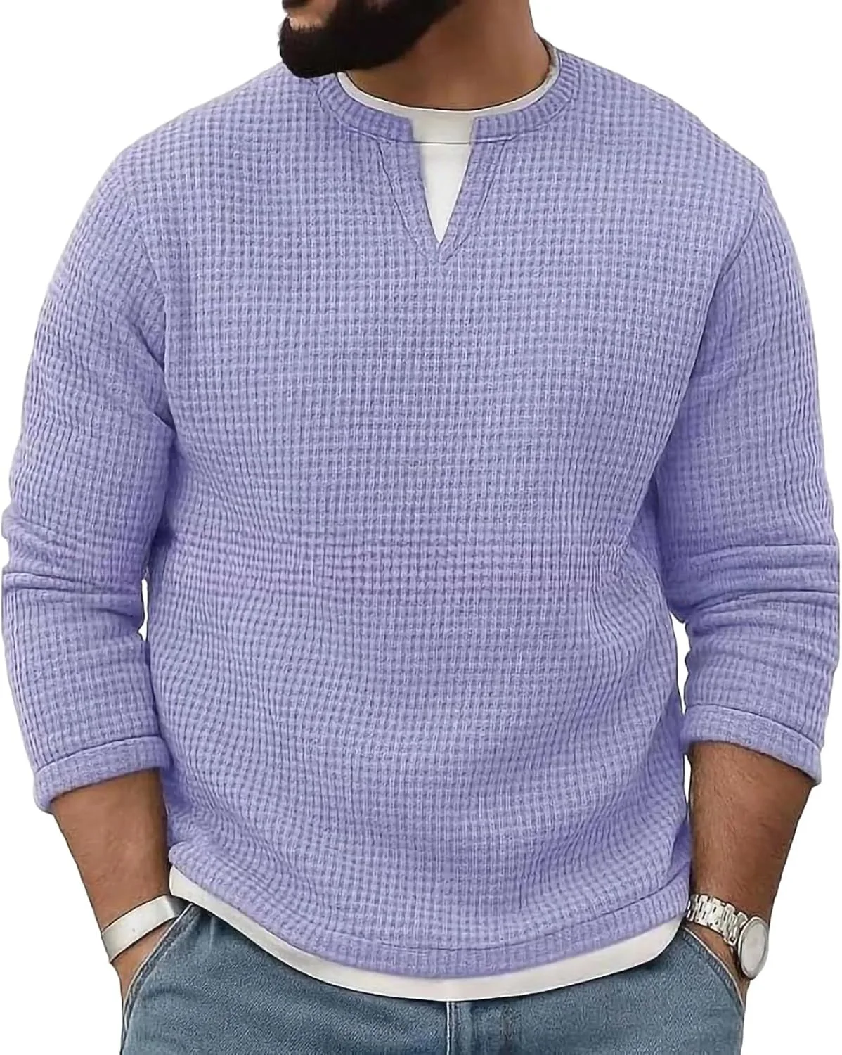 

Мужская футболка Relax Fit с длинным рукавом 2 в 1 Waffle Notched V Neck