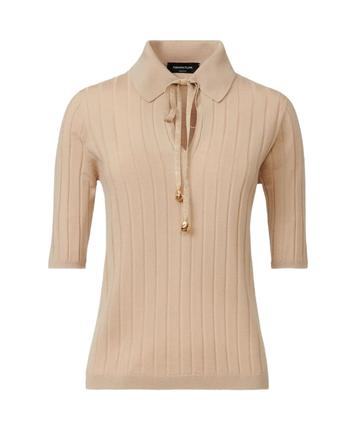 

Бежевый ребристый вязаный свитер с воротником-поло Fabiana Filippi, бежевый