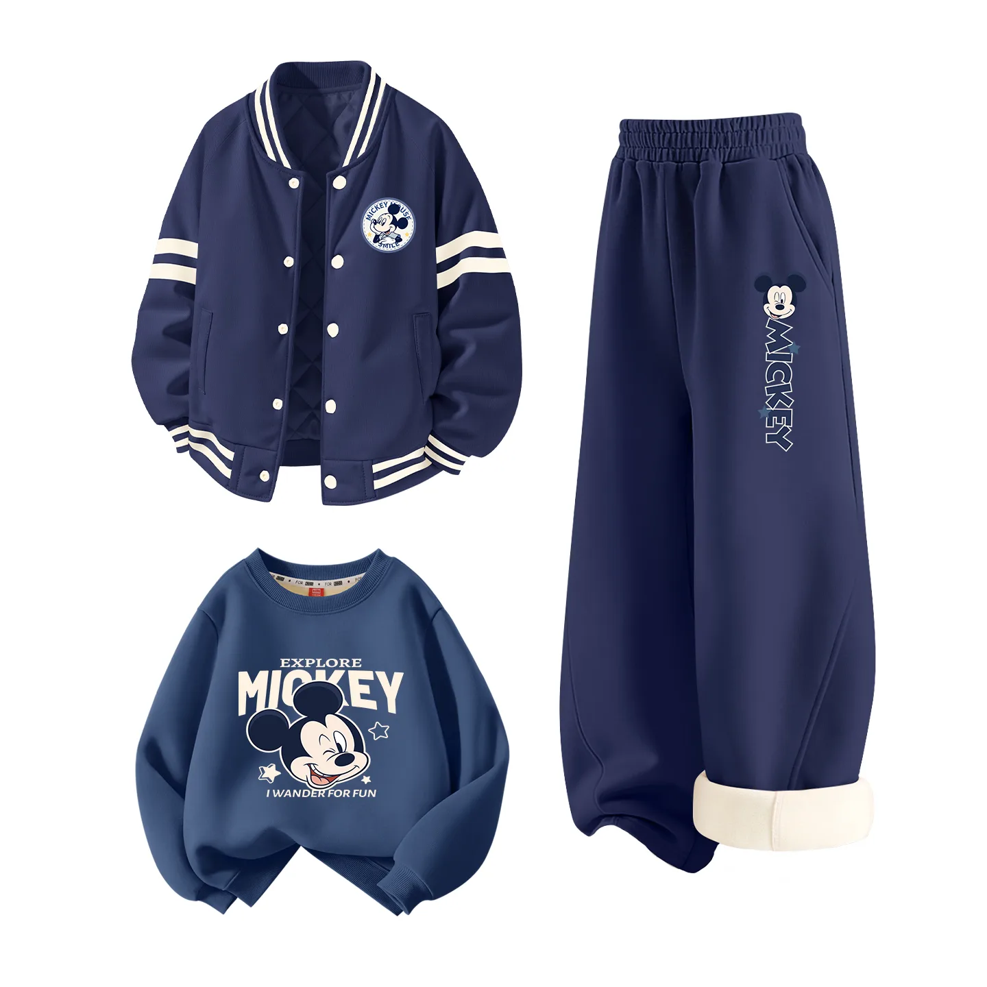 Детский спортивный костюм с круглым вырезом Disney, [Thickened and Fleece-Lined Three-Piece Set]Di Yuanxing K Navy Blue+Di Stars K Heather Gray+Di Blink Star Indigo Blue — фото 3