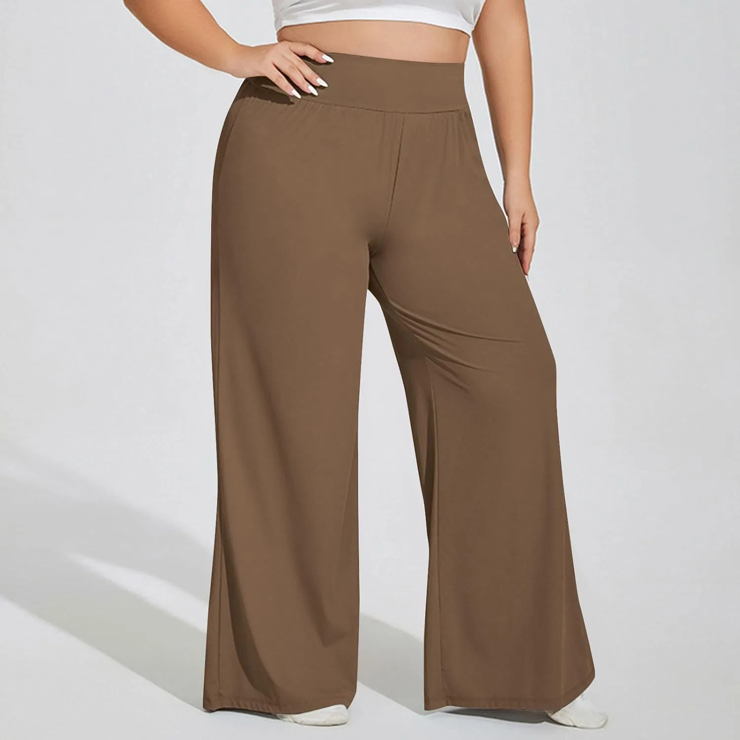 Женские спортивные широкие брюки с высокой талией, Khaki — фото 2