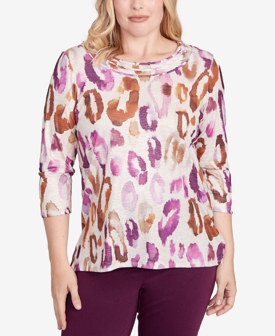 

Небольшой вязаный топ с круглым вырезом и анималистическим принтом Alfred Dunner, Purple multi