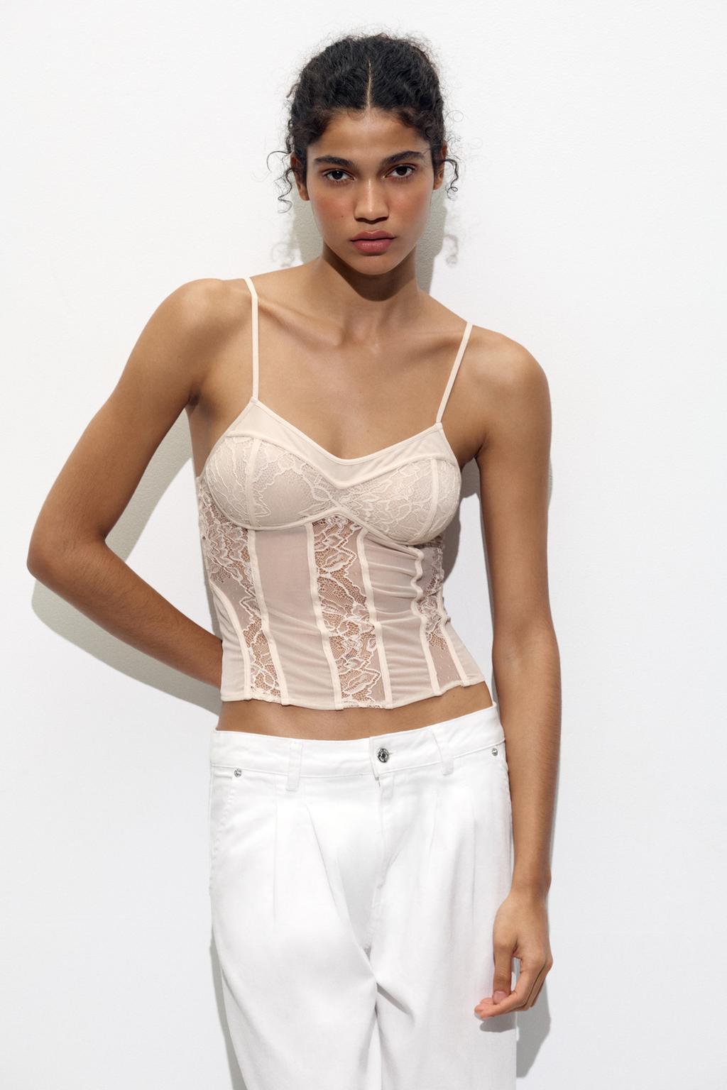 

Кружевной топ в стиле корсета ZARA, цвет Beige-pink