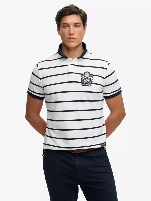 Хлопковая поло-рубашка с коротким рукавом Crest Stripe, полосатая (оптическая/темно-синяя) Superdry