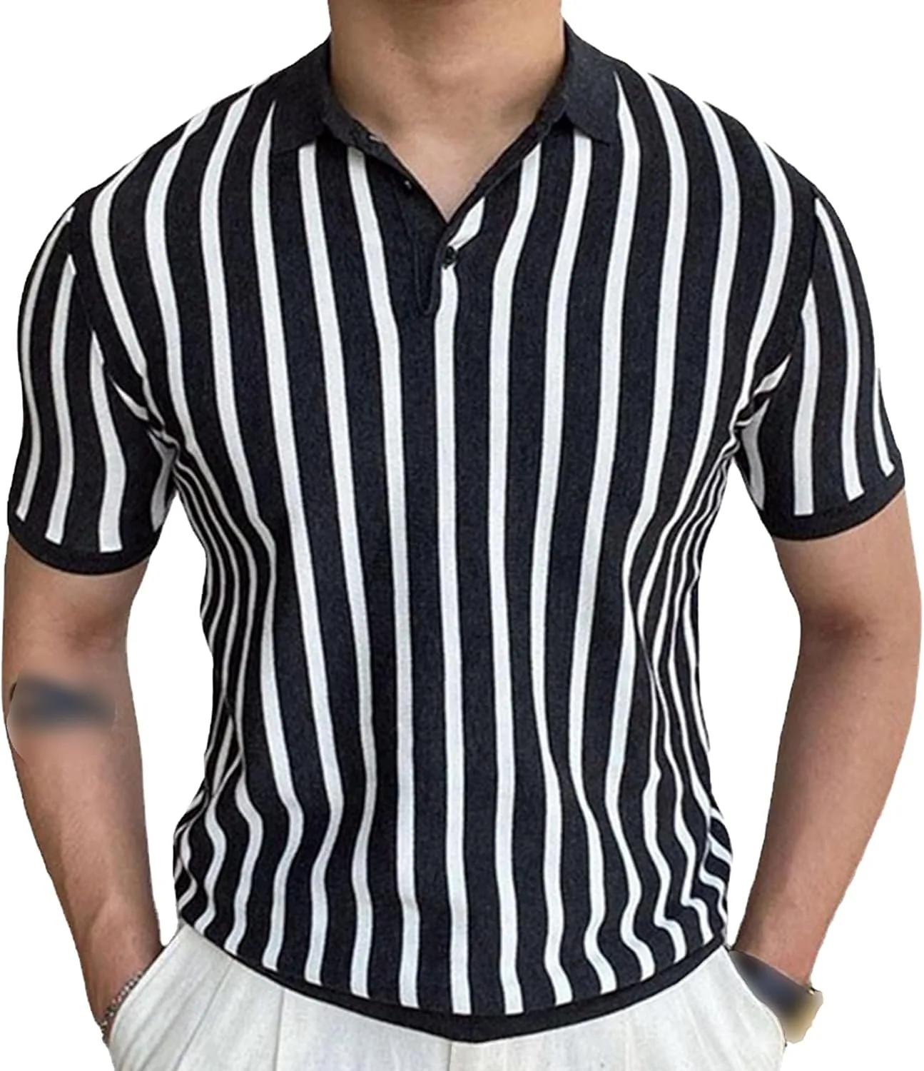 

Мужская вязаная поло с коротким рукавом в полоску SWJGLITTR